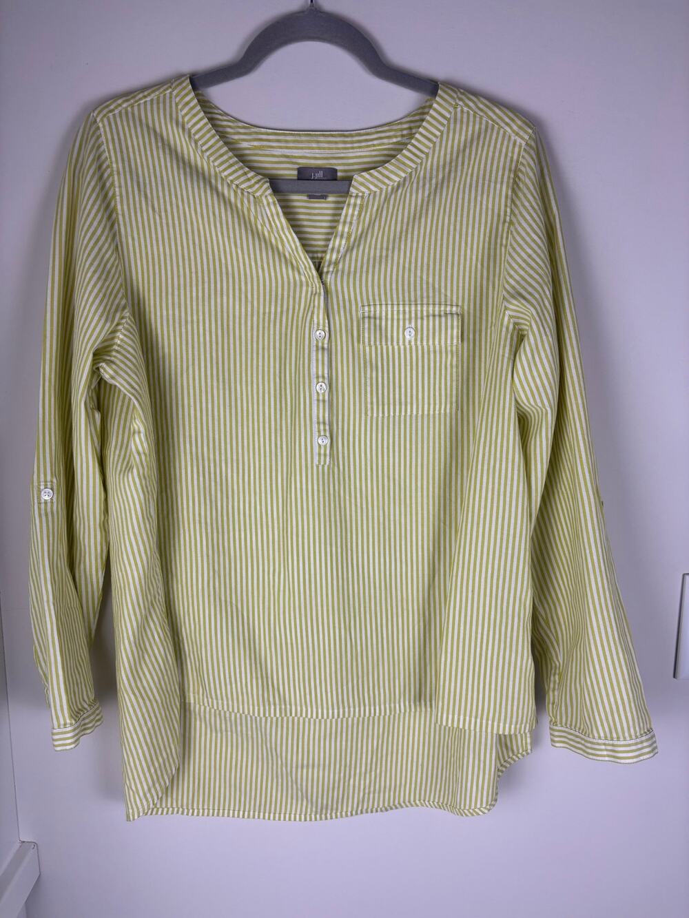 J Jill Women L Lime Green White Striped Tunic Top Cotton Roll Tab Sleeve